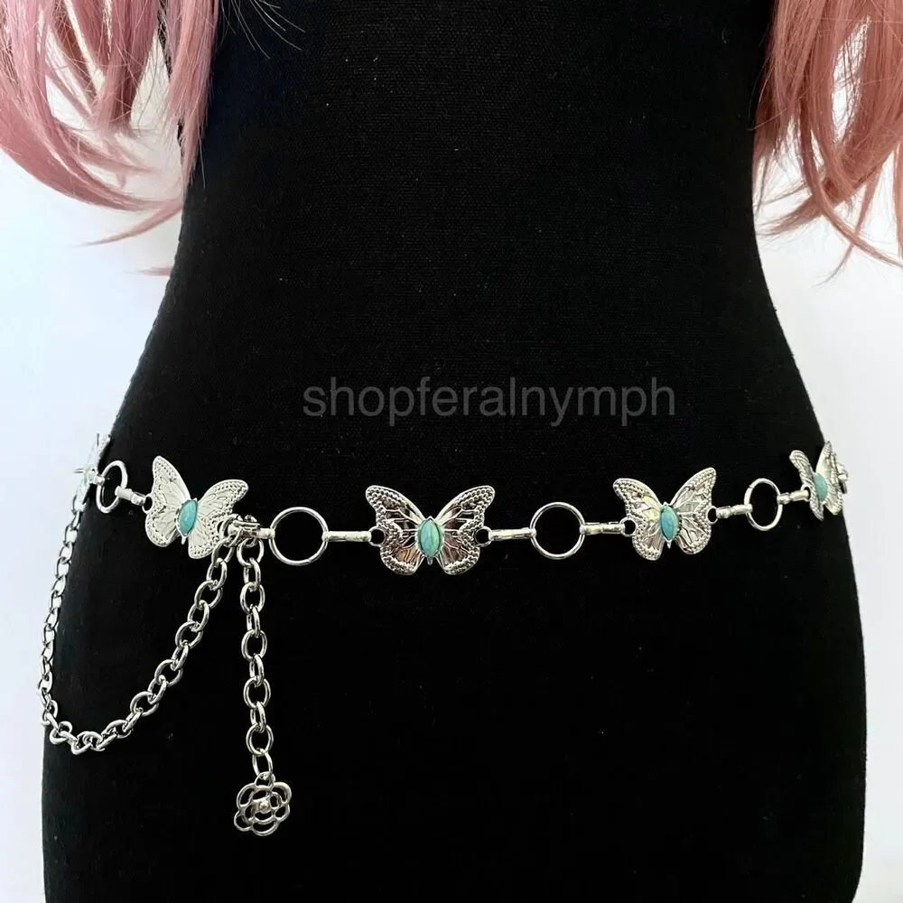 Silver Y2K Western Butterfly Turquoise Chain Belt, Fits 24-42 Inches, X7GA1343